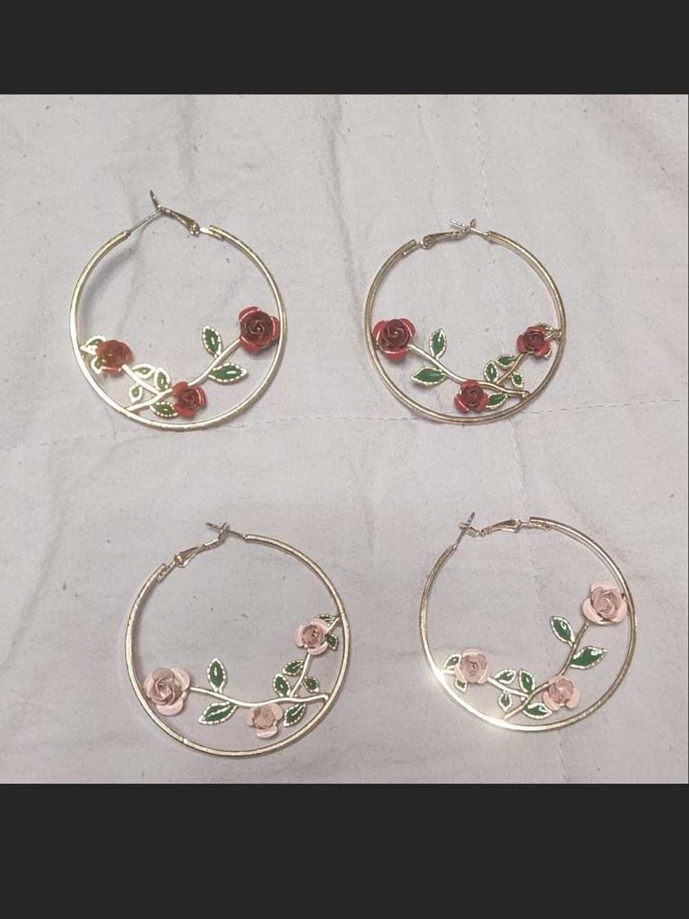 Floral Rose Hoop Earrings in Red and Pink
